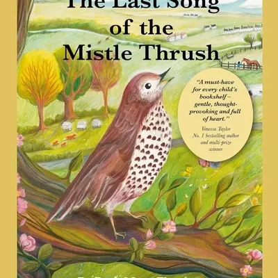 An illustration of a mistle thrush bird, singing on the branch of a tree. This is a book cover illustration 